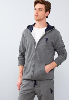 Erkek Antrasit Melanj Kapüşonlu Fermuarlı Sweatshirt