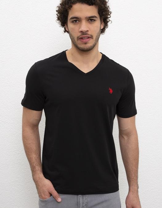 Erkek Siyah V-Yaka T-Shirt Basic