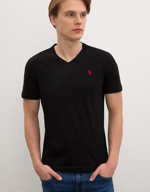 Erkek Siyah V - Yaka Basic T-Shirt
