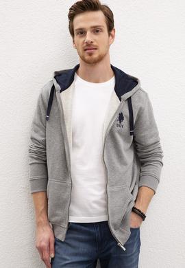 Erkek Gri Melanj Kapüşonlu Fermuarlı Sweatshirt
