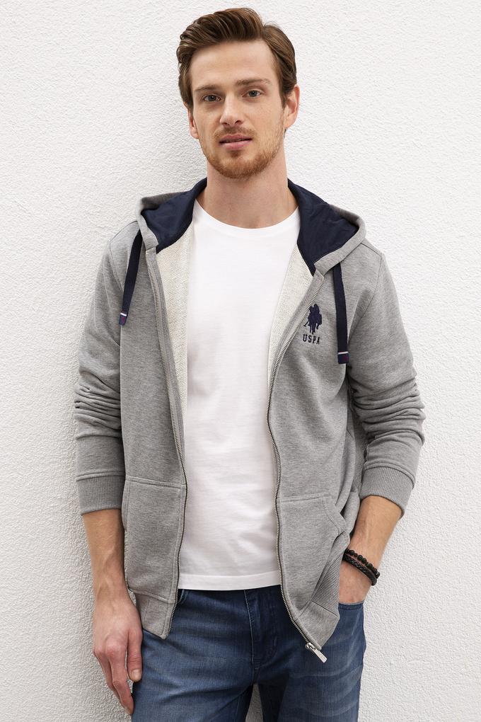 Erkek Gri Melanj Kapüşonlu Fermuarlı Sweatshirt