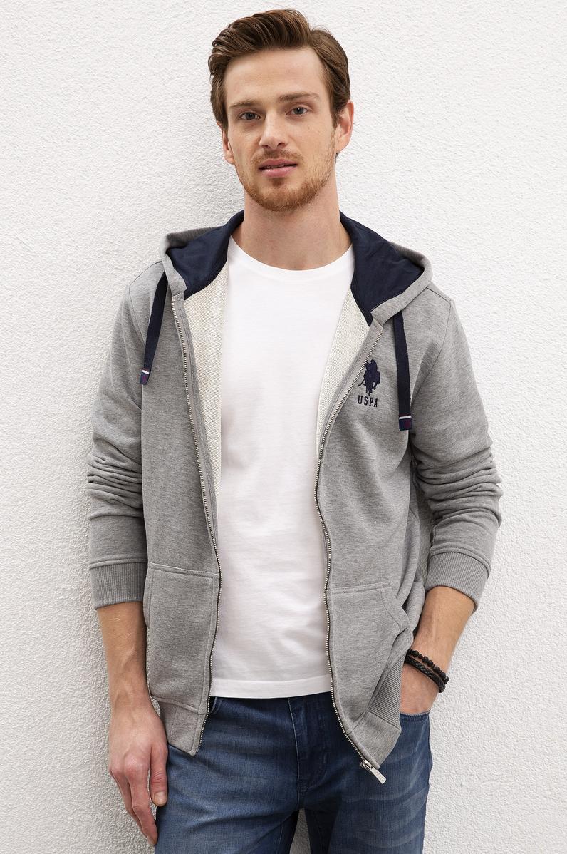 Erkek Gri Melanj Kapüşonlu Fermuarlı Sweatshirt