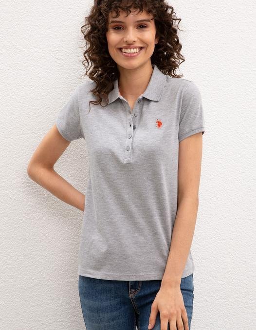 Kadın Gri Melanj Polo Yaka T-Shirt Basic