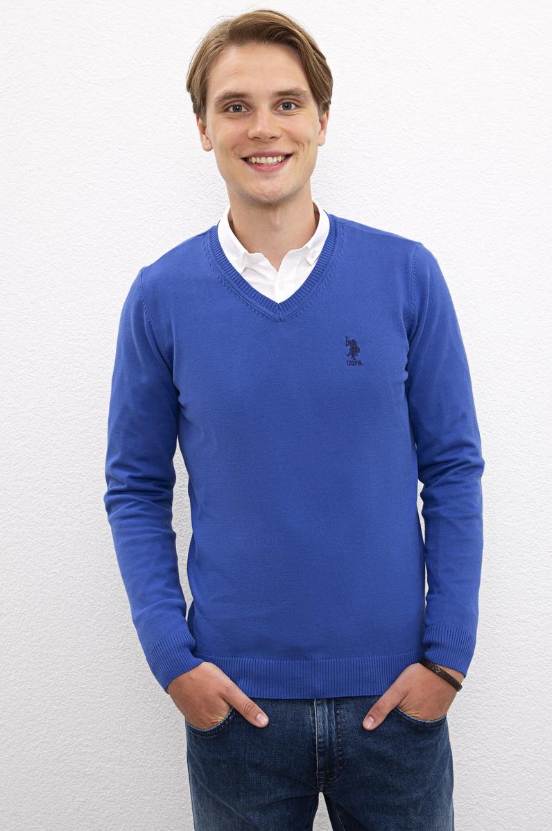 Erkek Koyu Mavi V-Yaka Triko Kazak Basic