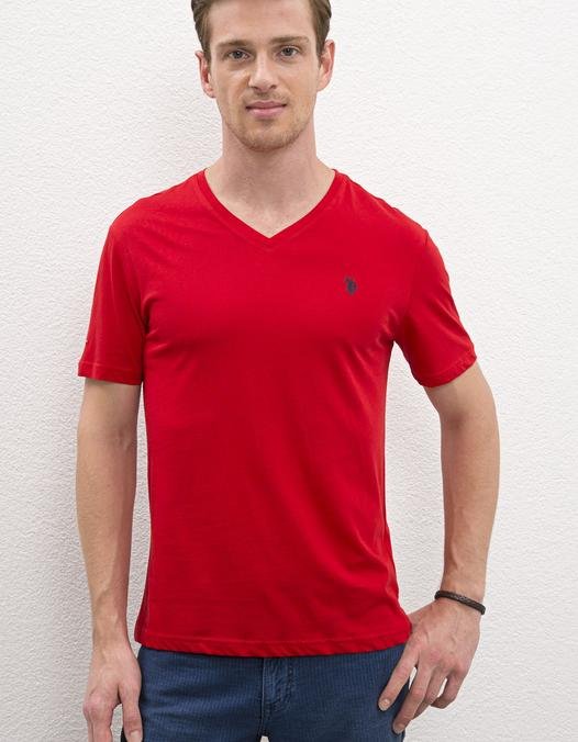 Erkek Basic Kırmızı V-Yaka T-Shirt Basic