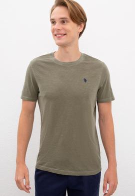 Erkek Koyu Haki Bisiklet Yaka T-Shirt Basic