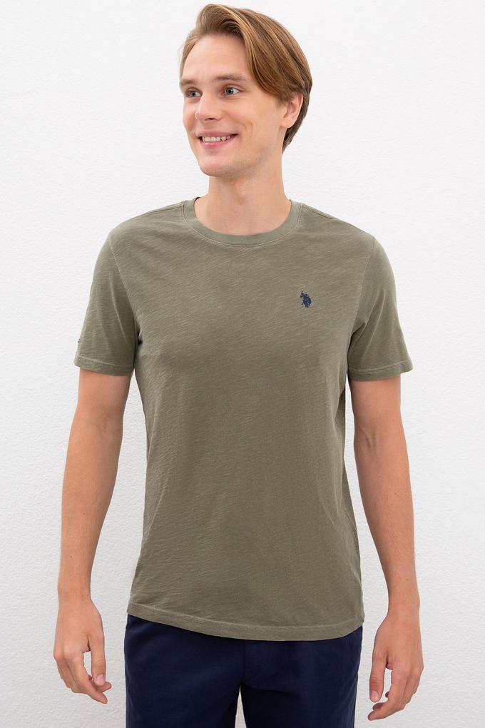 Erkek Koyu Haki Bisiklet Yaka T-Shirt Basic