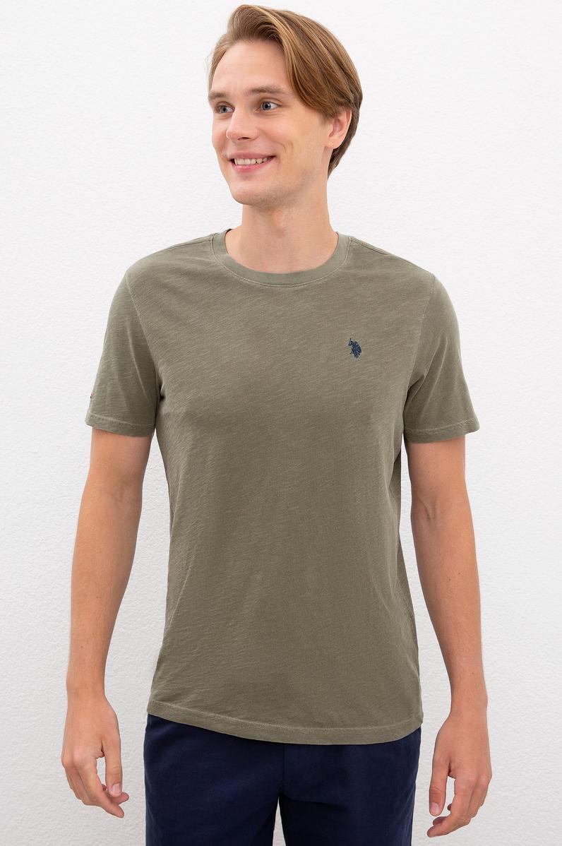 Erkek Koyu Haki Bisiklet Yaka T-Shirt Basic