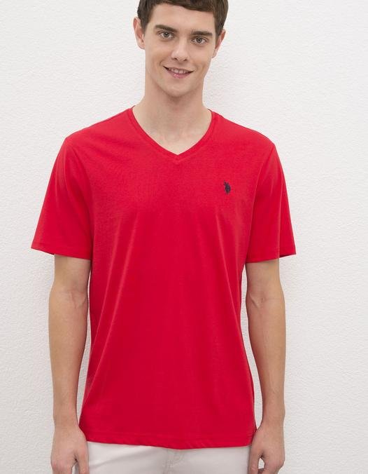 Erkek Kırmızı V-Yaka T-Shirt Basic