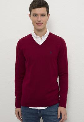 Erkek Bordo V-Yaka Triko Kazak Basic