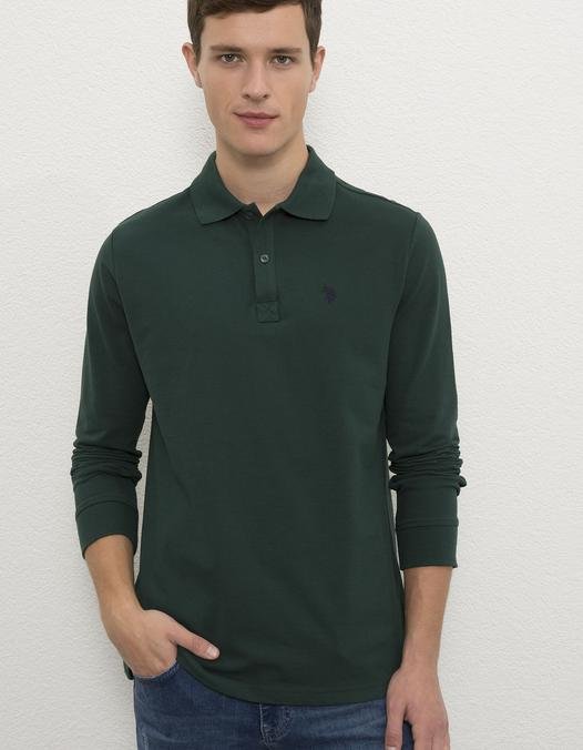 Erkek Koyu Yeşil Polo Yaka Sweatshirt Basic