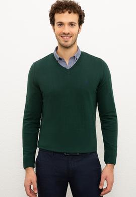 Erkek Koyu Yeşil V-Yaka Triko Kazak Basic
