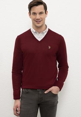 Erkek Bordo V-Yaka Triko Kazak Basic