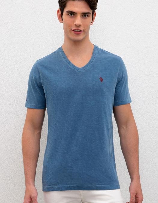 Erkek Açık Lacivert V-Yaka T-Shirt Basic