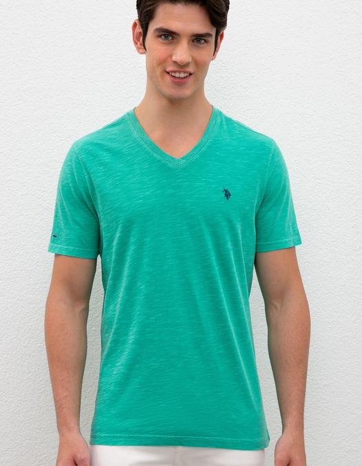 Erkek Yeşil V-Yaka T-Shirt Basic