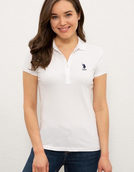 Kadın Beyaz Polo Yaka T-Shirt Basic