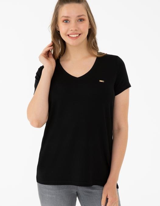 Kadın Siyah V - Yaka T-Shirt Basic