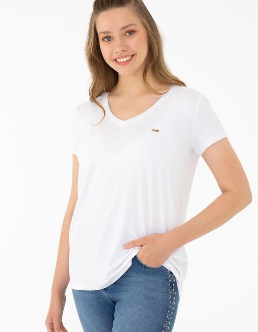 Kadın Beyaz V - Yaka T-Shirt Basic