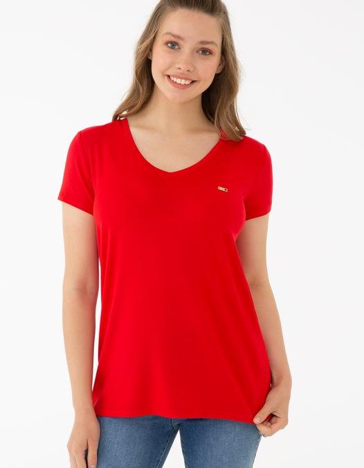 Kadın Kırmızı V - Yaka T-Shirt Basic