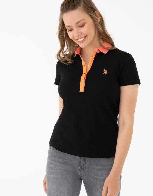 Kadın Siyah Polo Yaka T-Shirt Basic