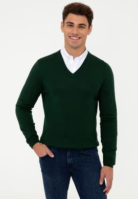 Erkek Yeşil V - Yaka Triko Kazak Basic