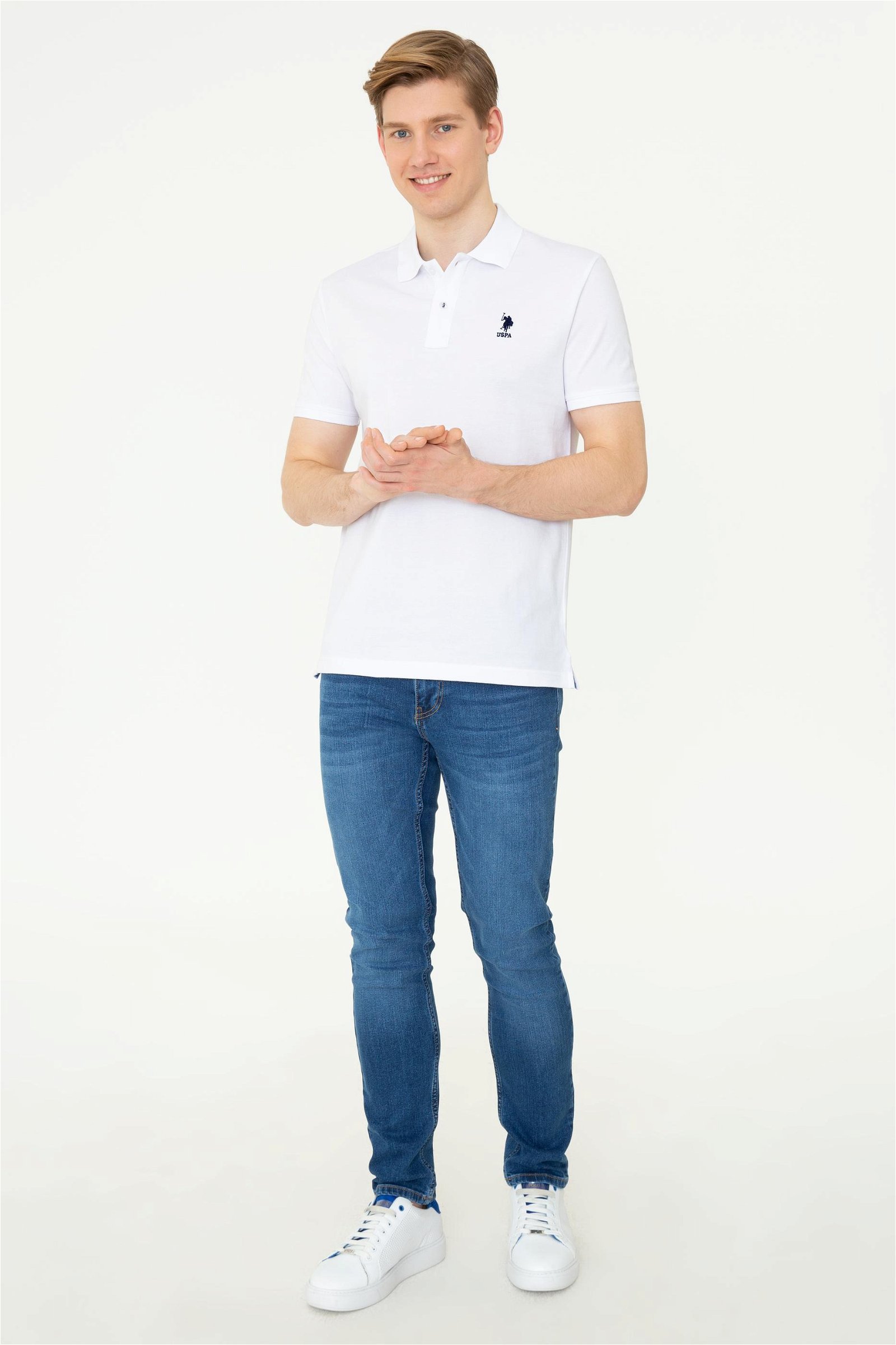 Erkek Beyaz Polo Yaka Basic T-Shirt
