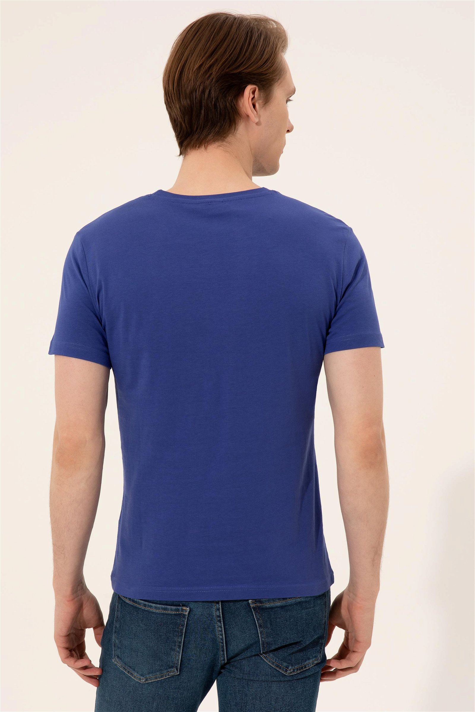 Erkek Mavi Bisiklet Yaka T-Shirt