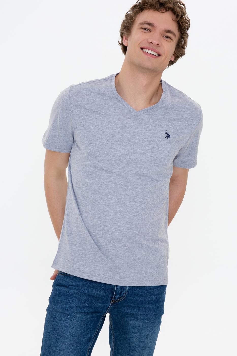 Erkek Gri Melanj V-Yaka T-Shirt Basic_0