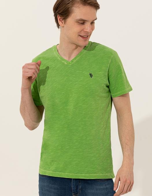 Erkek Yeşil V - Yaka T-Shirt Basic