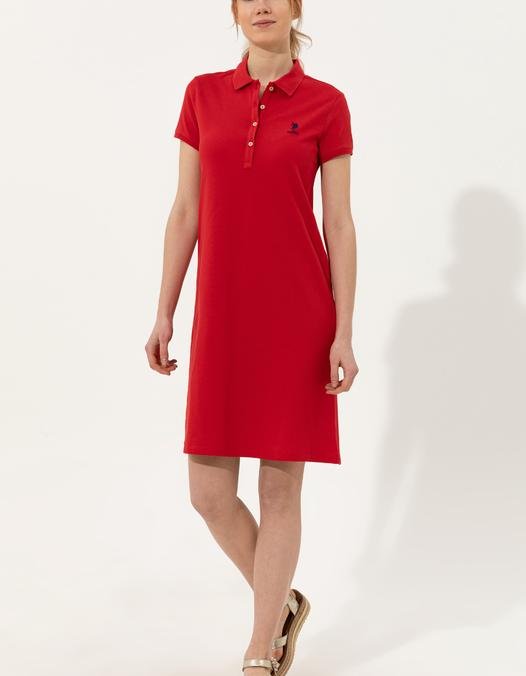 Kadın Kırmızı Polo Yaka Örme Elbise