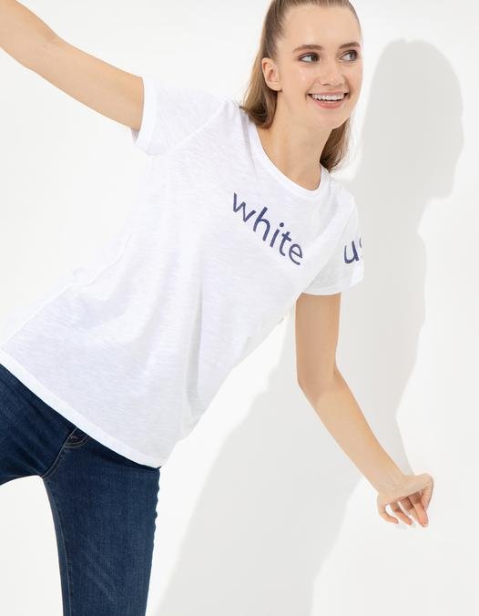Kadın Beyaz Bisiklet Yaka T-Shirt