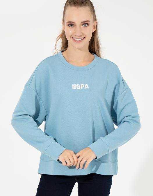 Kadın Mavi Bisiklet Yaka Basic Sweatshirt