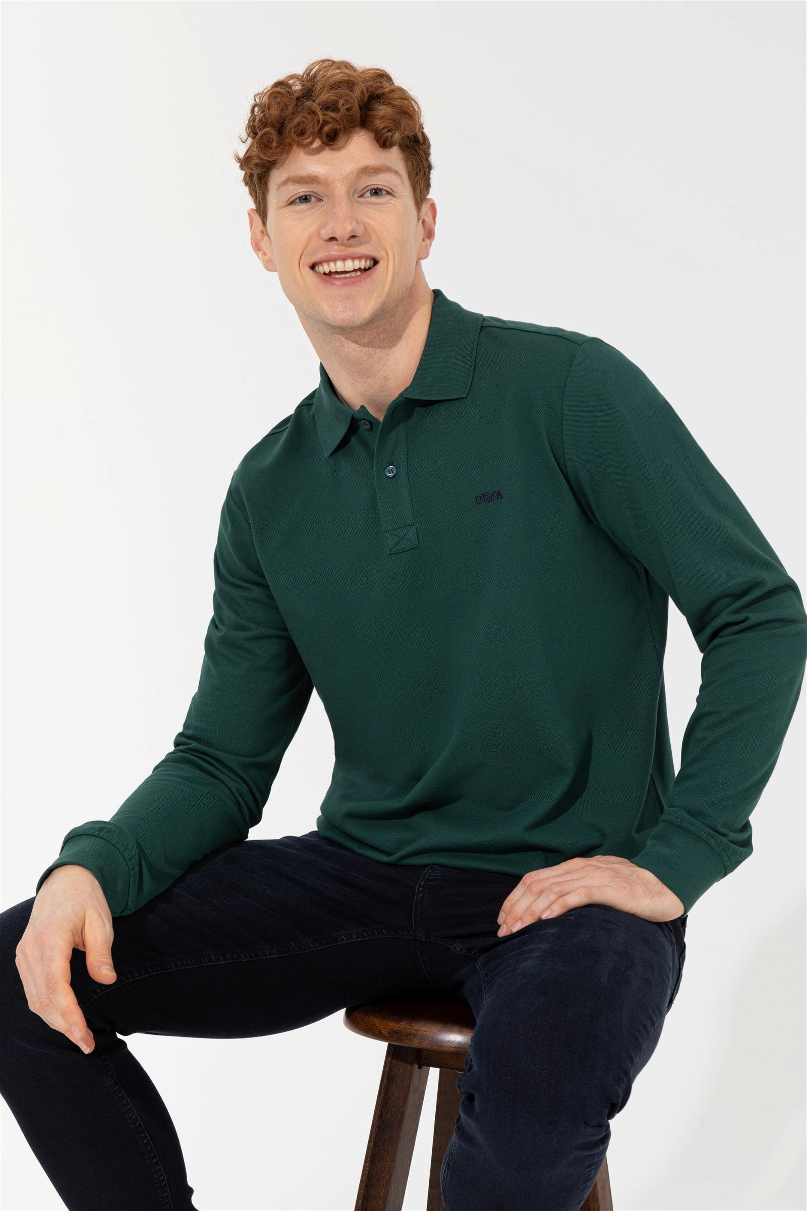 Erkek Yeşil Polo Yaka Sweatshirt Basic