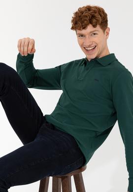 Erkek Yeşil Polo Yaka Sweatshirt Basic
