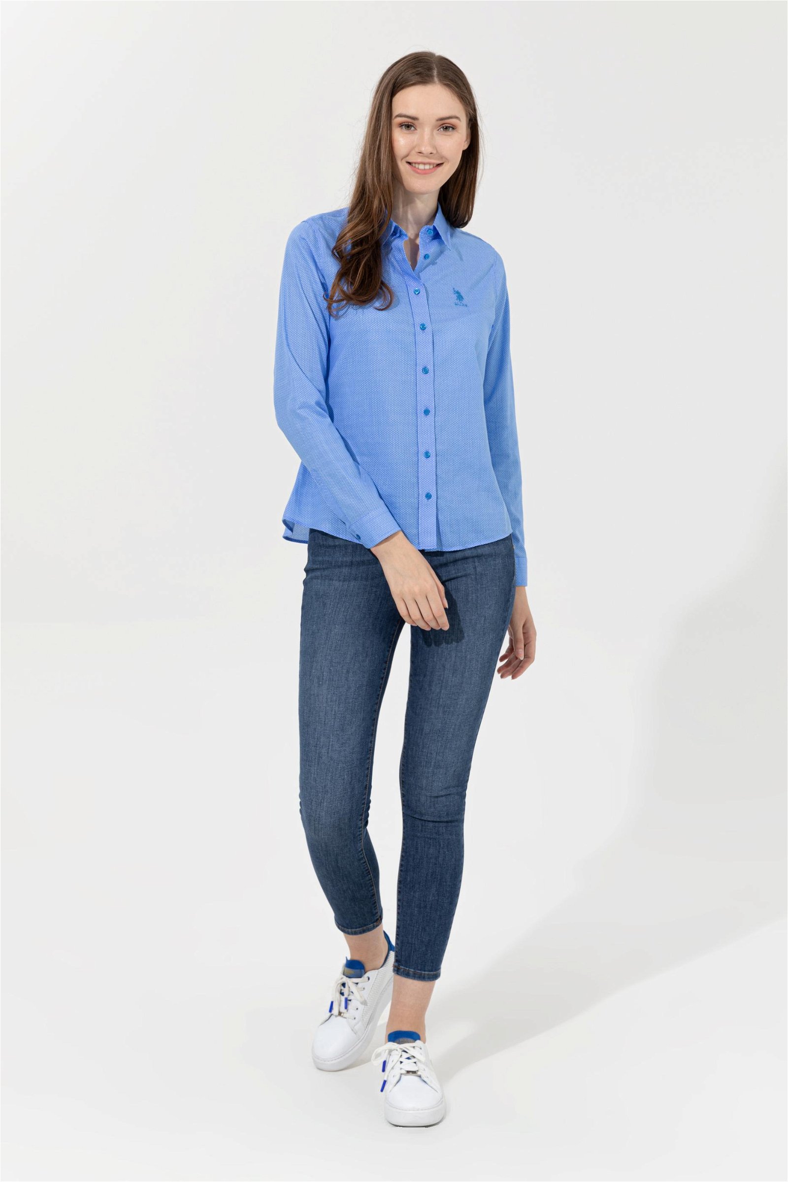 Kadın Mavi Klasik Yaka Gömlek Uzunkol
