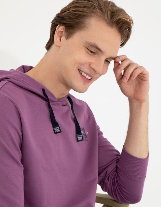 Erkek Menekşe Kapüşonlu Basic Sweatshirt
