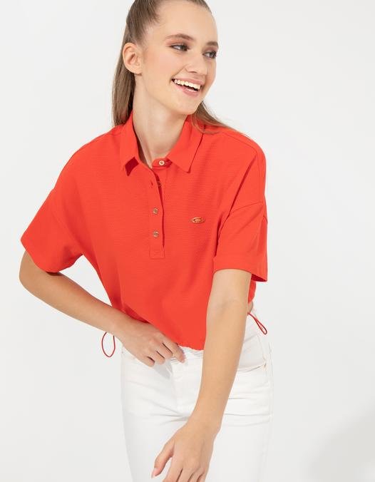 Kadın Kırmızı Polo Yaka Crop Tişört