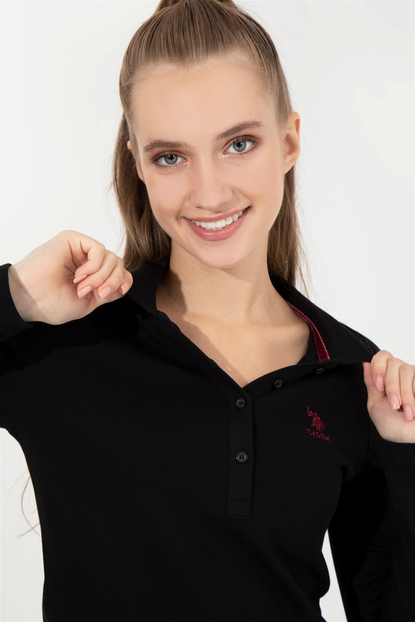 Kadın Siyah Polo Yaka Basic Sweatshirt