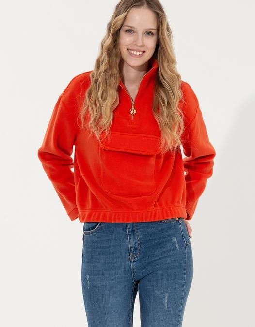 Kadın Kırmızı Dik Yaka Sweatshirt
