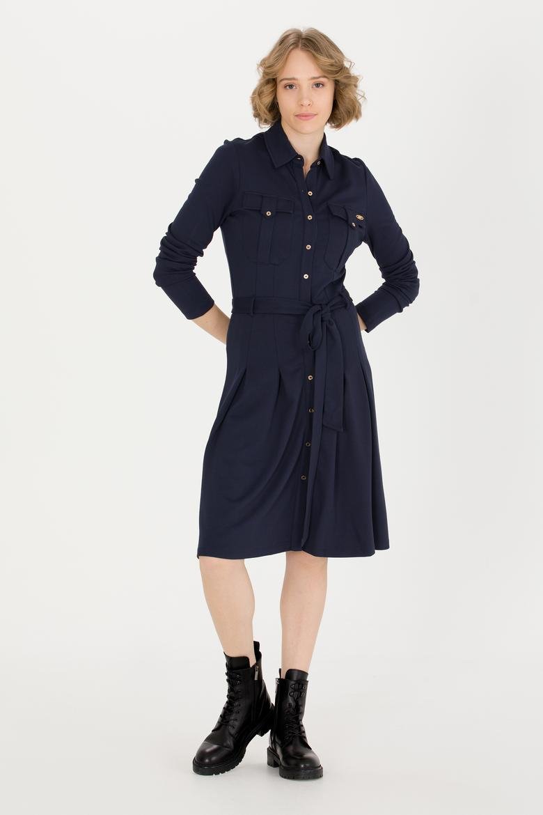 Kadın Lacivert Polo Yaka Örme Elbise