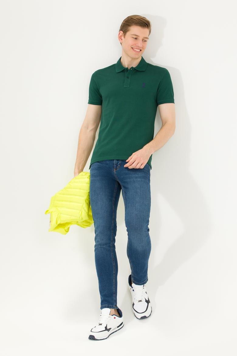 Erkek Polo Yaka Koyu Yeşil T-Shirt Basic