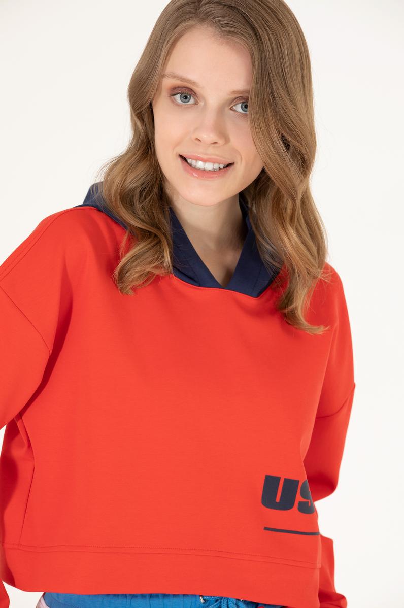 Kadın Kırmızı Kapüşonlu Sweatshirt