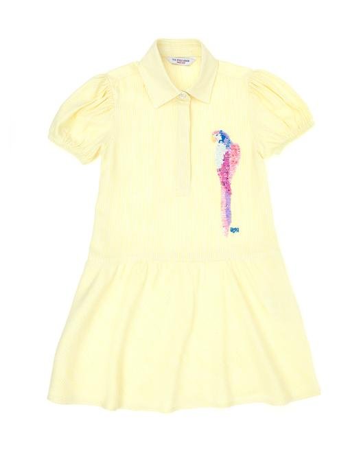 Kız Çocuk Neon Sarı Kısa Kol Dokuma Elbise
