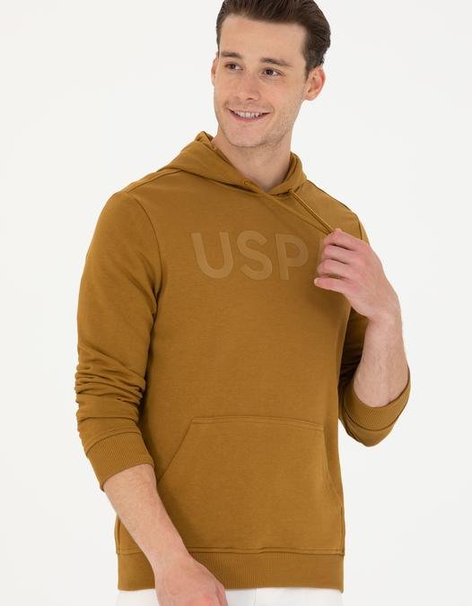 Erkek Açık Haki Kapüşonlu Basic Sweatshirt