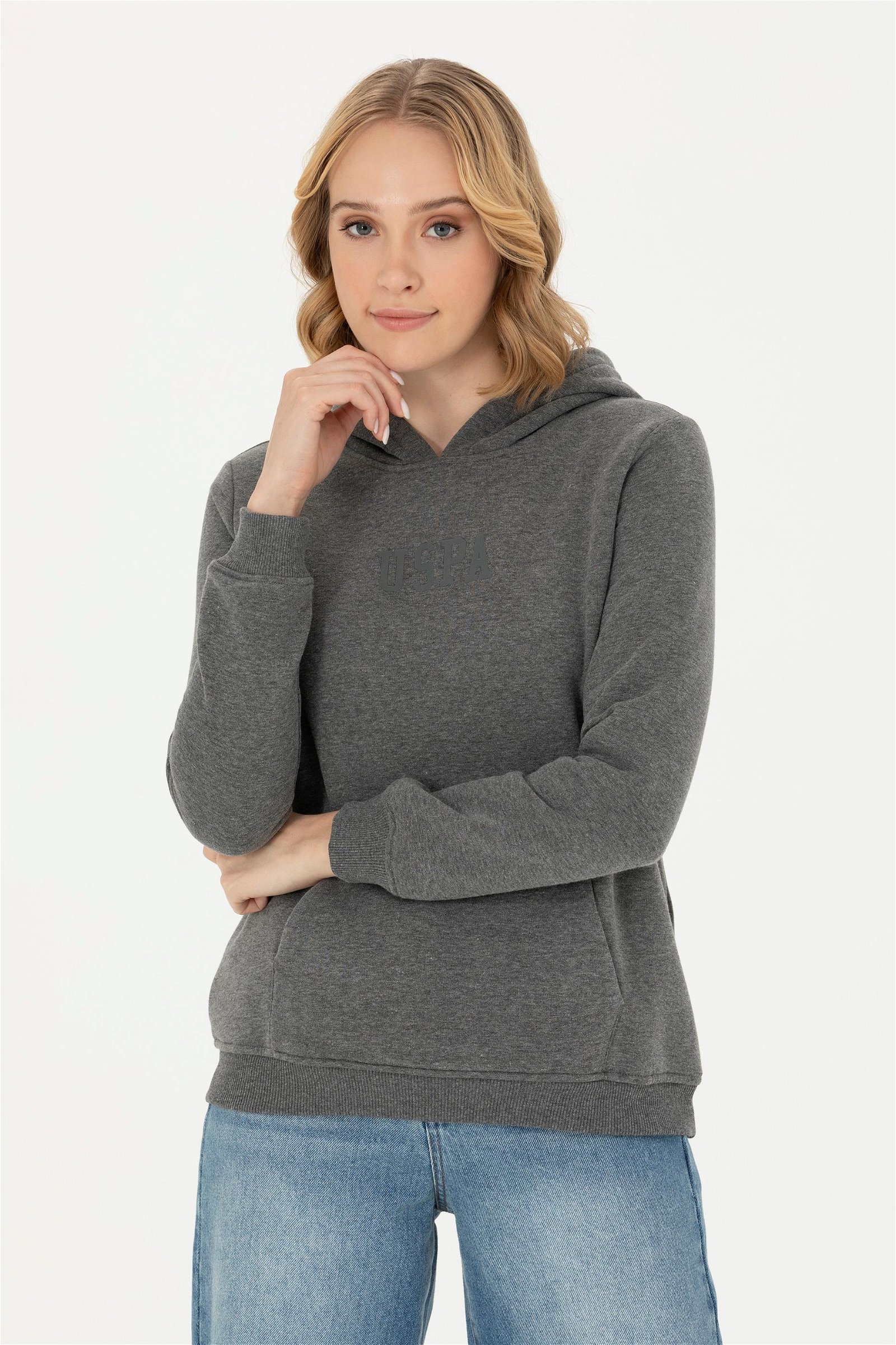 Kadın Antrasit Melanj Kapüşonlu Basic Sweatshirt
