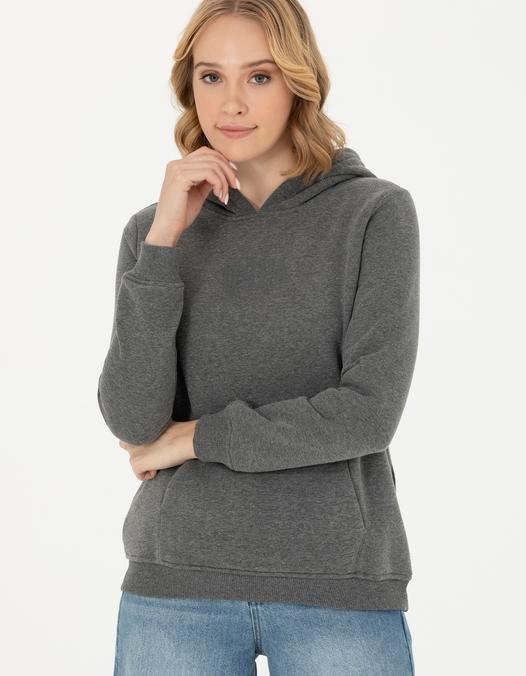 Kadın Antrasit Melanj Kapüşonlu Basic Sweatshirt