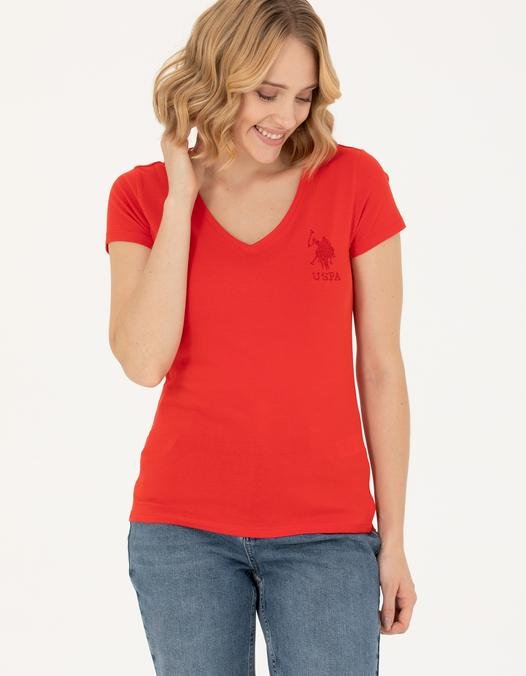 Kadın Kırmızı Basic V Yaka Tişört