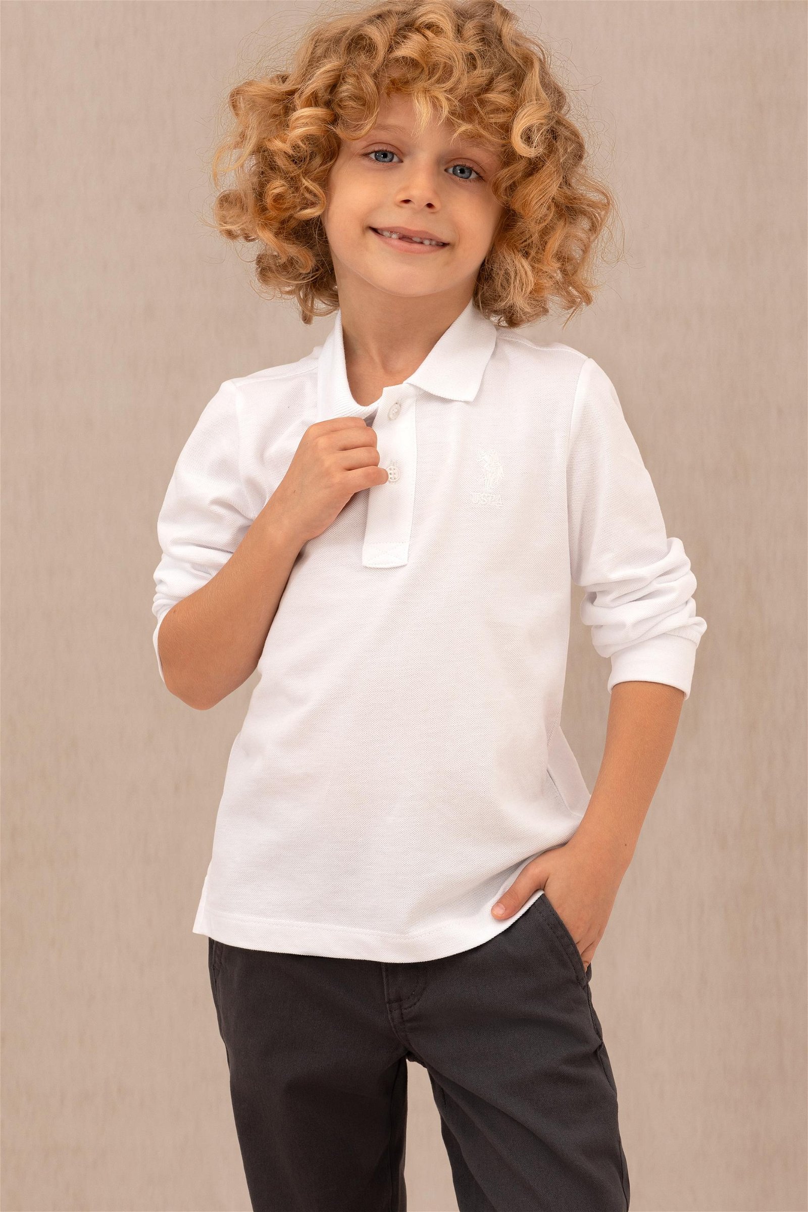 Erkek Çocuk Beyaz Basic Polo Yaka Sweatshirt
