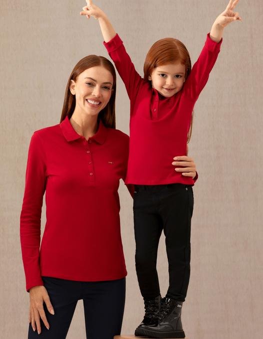 Kadın Kırmızı Basic Polo Yaka Sweatshirt