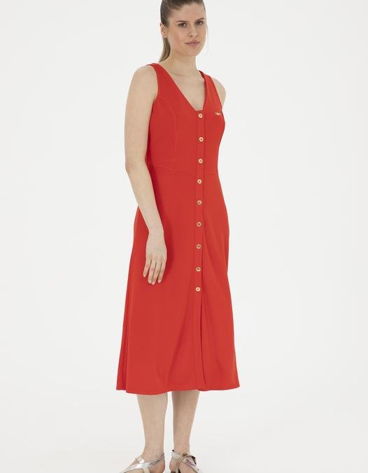 Kadın Kırmızı V Yaka Örme Elbise